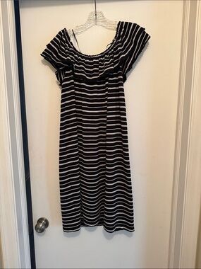 LOFT Black and White Striped Off-Shoulder Mini Dress